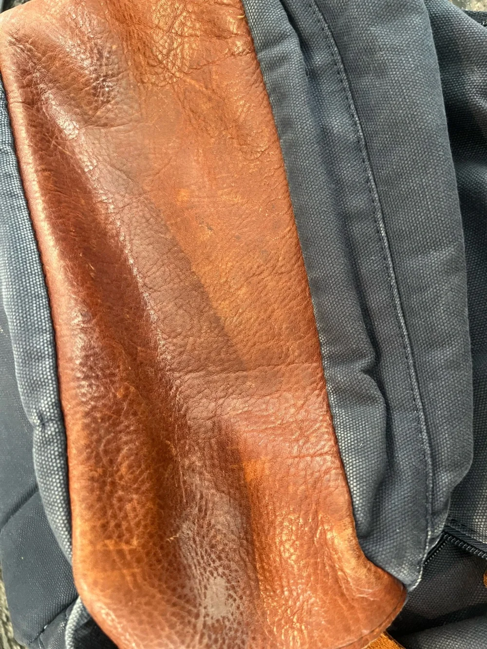 Duluth Trading Co Navy Canvas Backpack with Brown Leather Trim